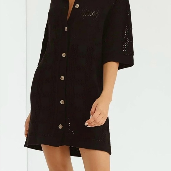 Crochet Dress Short Sleeve V Neck Button Up Casual Mini Shirt Dress S - Picture 3 of 13